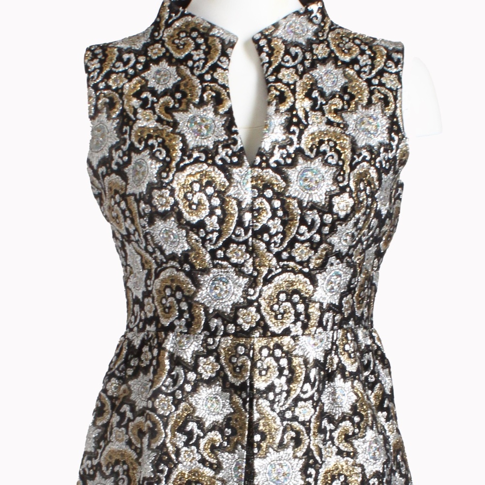 Vintage 1970s Metallic Lurex Brocade Cocktail Dress Gold Silver Black Size 11 - Picture 8 of 13